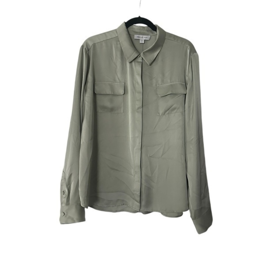 Amour Vert Silk Like Button Down Thin Mint Blouse